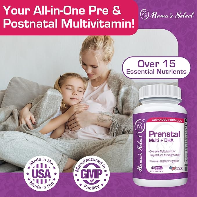 Mama's Select Prenatal Vitamins for Women with Iron, Vitamin D, DHA and More for Pregnant Women, Methyl Folate Safe for MTHFR - Gentle on Stomach, 60 Veggie Capsules