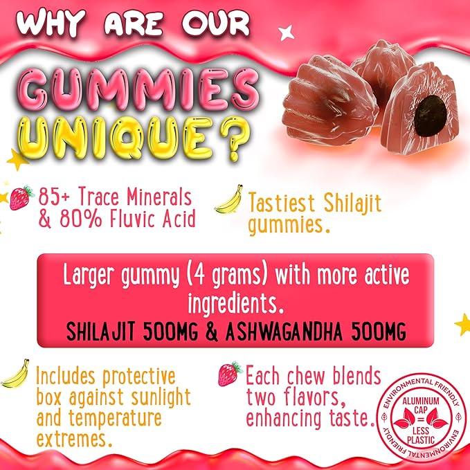 Pure Himalayan Shilajit Gummies - 100% Authentic Shilajit Reisin Extract for Men and Women with Ashwagandha and Shatavari - 60 Gummy - Apple & Kiwi and Strawberry & Banana Bundle