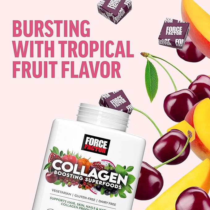 FORCE FACTOR Collagen Boosting Superfoods, Vegan Collagen Booster for Women, With Biotin, Hyaluronic Acid, and Vitamin C, For Hair, Skin, Nails, & Joint Support, Tropical Fruit, 120 Soft Chews, 2-Pack