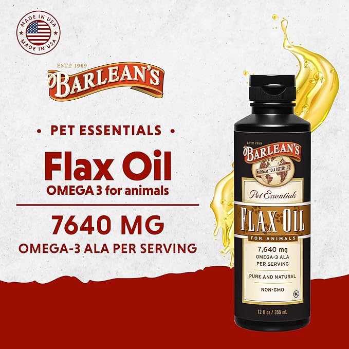 Barlean's Flaxseed Oil for Animals, Pet Essential Liquid Omega 3 Fatty Acids Cat and Dog Oil Supplements for Skin and Coat, Omega 3 for Dogs, Cats and Other Pets, 12 oz