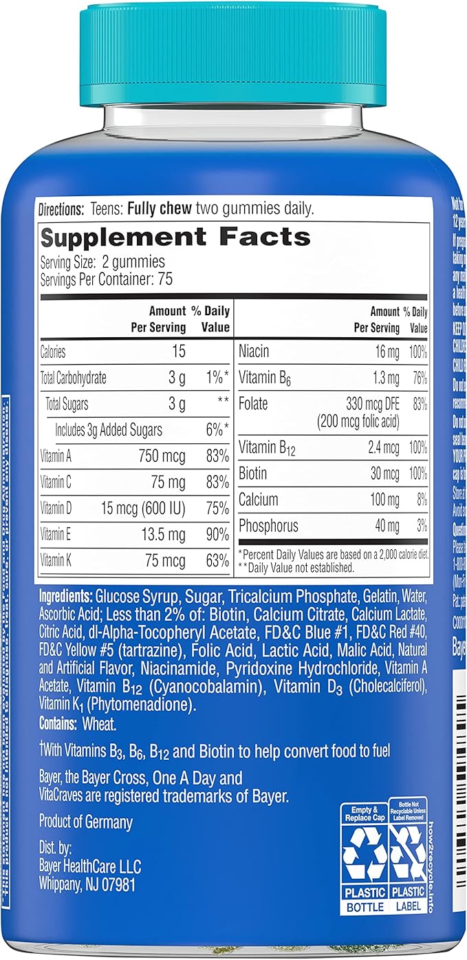 One A Day Teen for Him Multivitamin Gummies, Gummy Multivitamins with Vitamin A, C, D, E and Zinc for Immune Health Support, Physical Energy & More, 150 Count