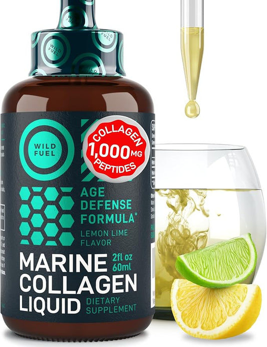 WILD FUEL Liquid Marine Collagen Peptides Supplements - 1,000mg Hydrolyzed Collagen Marine with Hyaluronic Acid 10mg - Hair Skin and Nails Vitamins - Natural Lemon Flavor, Liquid 2oz