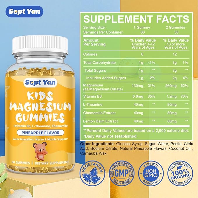 Magnesium Gummies for Kids - Magnesium Citrate Supplement with Vitamin B6, L-theanine, Chamomile & Lemon Balm - Calm Magnesium for Kids & Adults Sleep, Relaxation, Pineapple Flavor 60 Gummies
