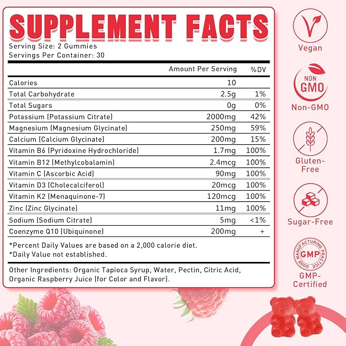 2 Pack Potassium Citrate Gummies for Adults Men & Women, Potassium Supplement for Support Leg Cramps, Muscle Health & Electrolyte Balance, Vegan, Raspberry Flavor, 120 Count