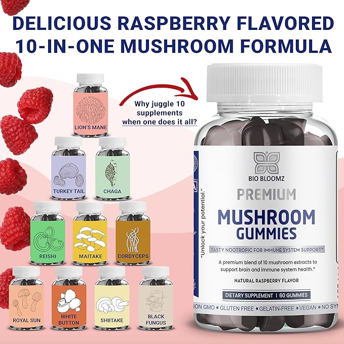 Premium Mushroom Gummies for Adults - Lion's Mane Supplement Gummy with Turkey Tail, Shiitake, Cordyceps, Reishi, Chaga, Maitake Mushroom Gummy - Energy Nootropics Brain Support Supplement
