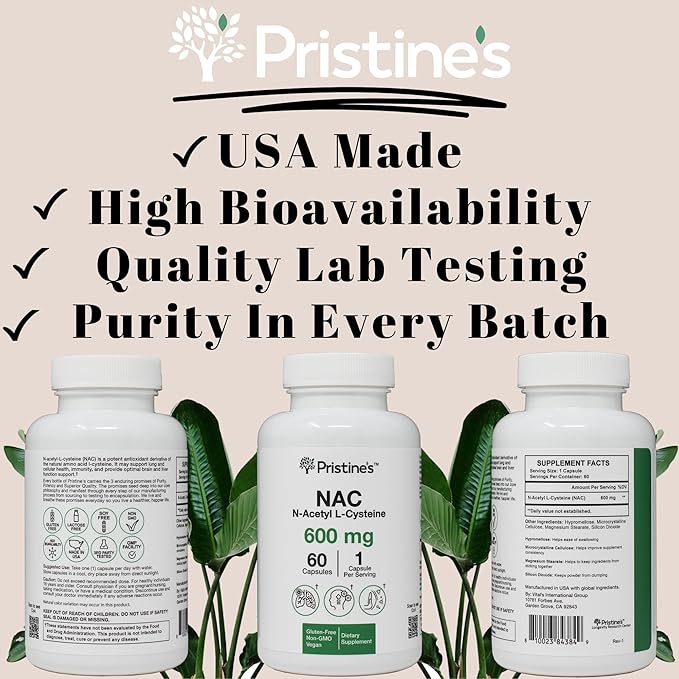 PRISTINE'S N-Acetyl L-Cysteine (NAC) Immunity, Lung, & Liver Support Supplement Capsules - 600MG 60 Day Supply - Potent Antioxidant - Vegan, Gluten Free, Non GMO