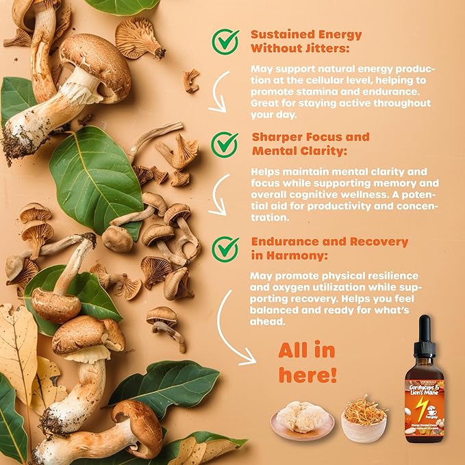 Cordyceps & Lion’s Mane Tincture – Organic Energy & Focus Support – Ultra-Potent Alcohol-Based Liquid Extract – 2 oz