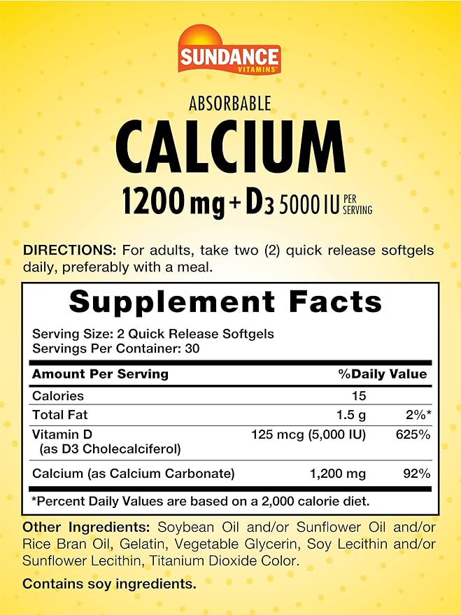 Sundance Calcium 1200 mg with Vitamin D3 5000 IU | 60 Absorbable Softgels | Non-GMO & Gluten Free Supplement