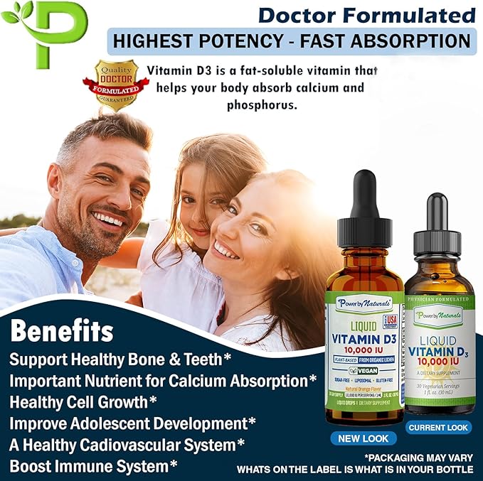 Power By Naturals Vitamin D3 Liquid Drops 10000 IU - High-Potency Vitamin D3 for Adult Bone Strength & Immune Support - Gluten-Free, Non-GMO, Sugar-Free Vitamin - Orange Flavor, 1 fl Oz (30 Servings)