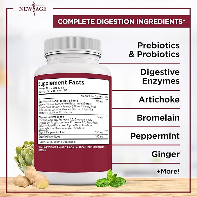 NEW AGE Digestive Enzymes for Gut Health - Probiotic Multi Enzymes with Prebiotics and Probiotics with Lipase for Women and Men for Digestive Health, Daily Enzymes for Digestion - 180 Count