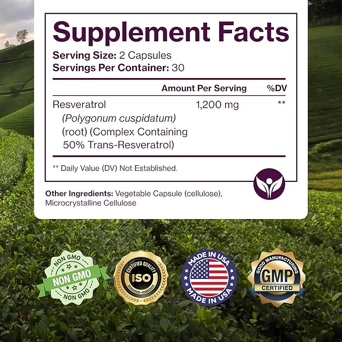 Pure Resveratrol Supplement - Extra Strength 600mg Trans-Resveratrol Per Serve - for Heart, Cognitive, Immune Health Support – Purified & Bioavailable - 60 Vegan Caps