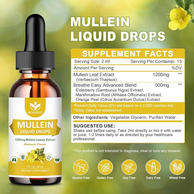 4-in-1 Mullein Leaves Extract Drops for Lungs - Respiratory Support and Lungs Cleanse, Mullein Liquid Supplements with Elderberry, Marshmallow Root & Orange Peel, Natural Flavor, 1 Fl Oz (2 Pack)