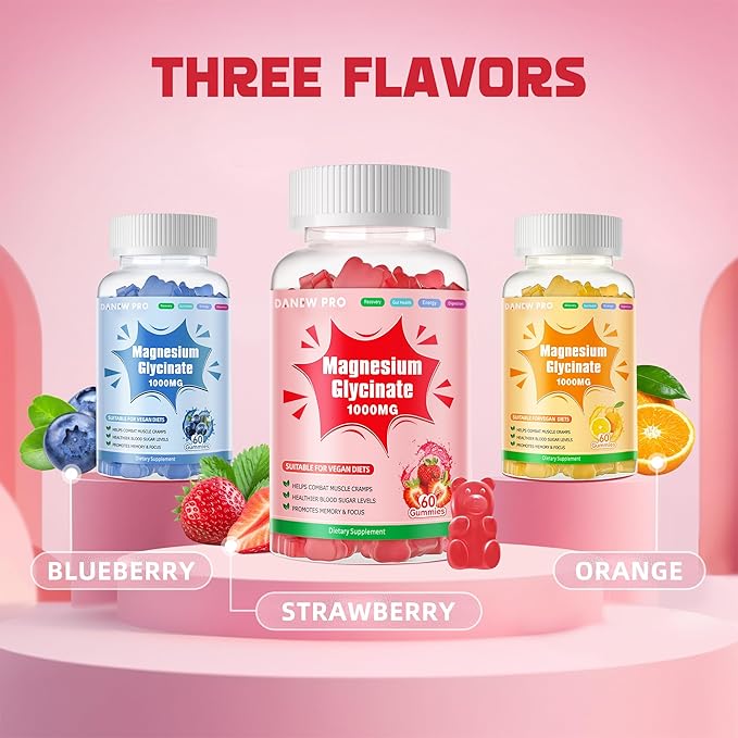 Magnesium Glycinate Gummies 1000mg - Sugar Free Magnesium Potassium Supplement with Vitamin D, B6, CoQ10 for Calm Mood & Sleep Support - 60 Strawberry Gummies