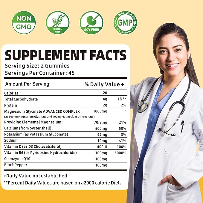 90 CT Magnesium Glycinate Gummies 1000mg - Sugar Free Magnesium Potassium Supplement with Vitamin D, B6, CoQ10 for Calm Mood & Sleep Support - 90 Mango Pineapple Gummies