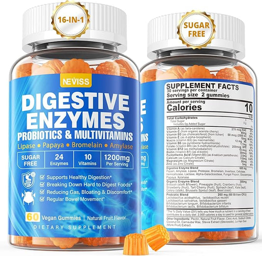 1Pack Digestive Enzymes with Probiotic Gummies, Multivitamins, Calcium, Magnesium - All 24 Essential Chewable Multi Enzymes - Papaya, Lipase, Amylase, Bromelain - Breaking Down Carbs, Proteins, Fats