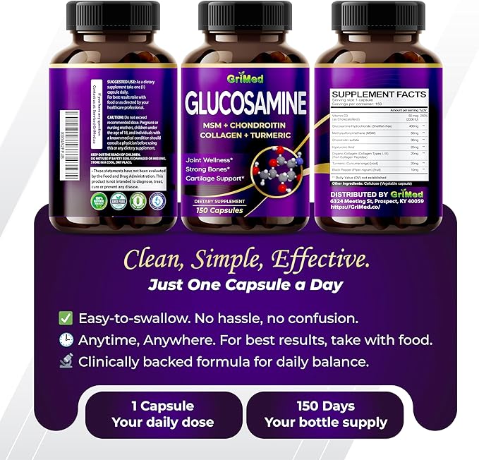 GriMed Glucosamine 12,000mg - X12 Power with MSM, Chondroitin, Collagen, Turmeric for Joint Wellness, Strong Bones, Cartilage Support - USA Made & Tested