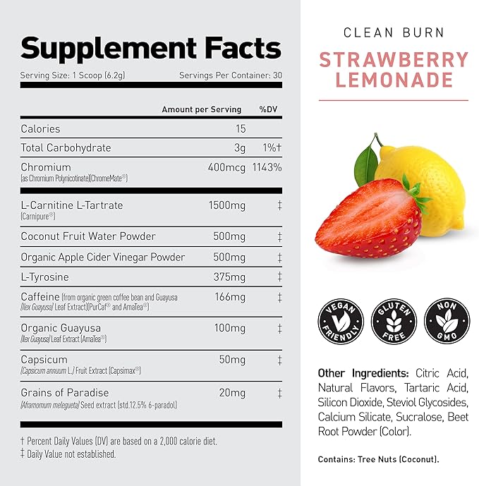 Kaged Thermogenic Powder Clean Burn Strawberry Lemonade Men & Women Weight Management Supplement Organic Caffeine Apple Cider Vinegar 30 Servings