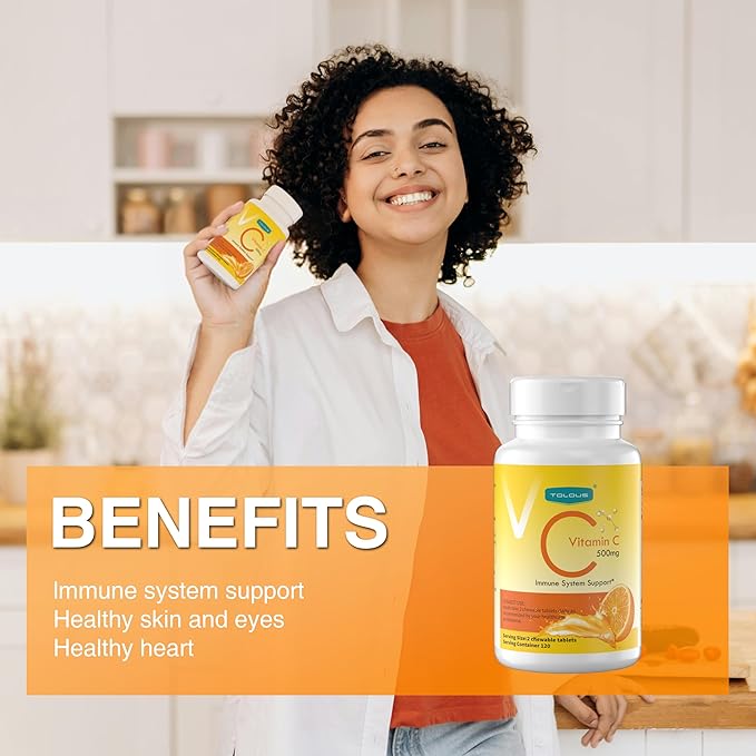 500mg Vitamin C, Immune Support, 120 Chewable Tablets, 60 Day Supply, Gluten-Free, Orange Flavor