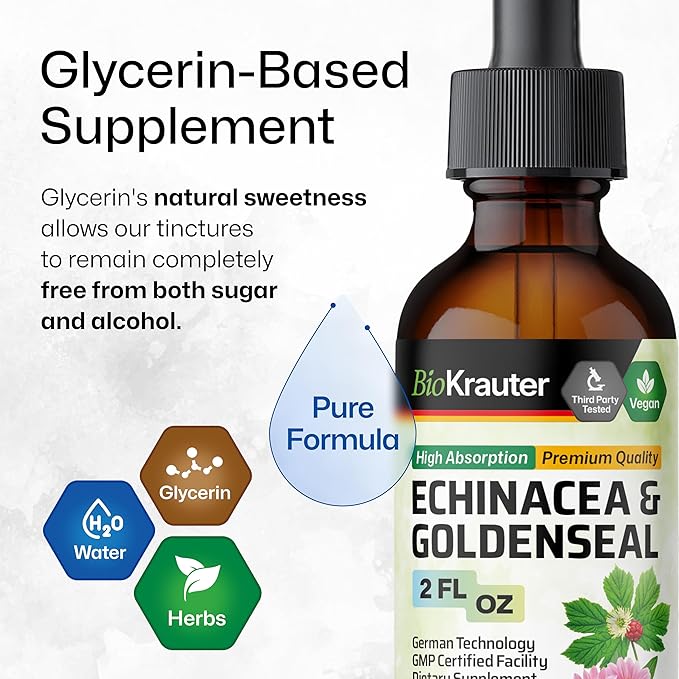 BIO KRAUTER Echinacea and Goldenseal Root Liquid Extract - Natural Immune Support - Echinacea Drops with Goldenseal - Vegan, Alcohol & Sugar Free Tincture - 2 Fl.Oz.