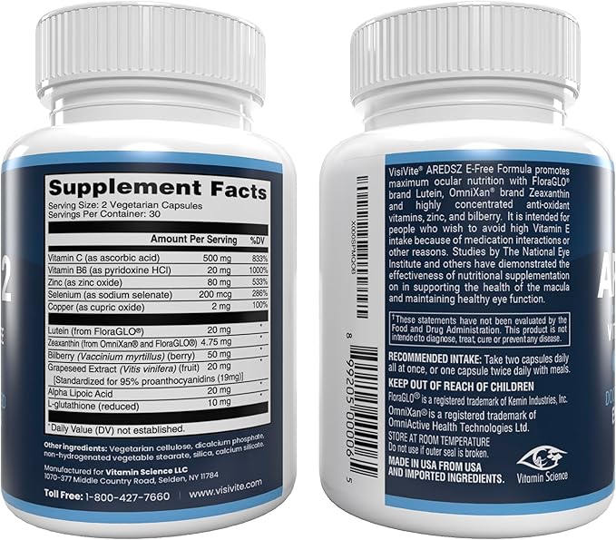 AREDS 2 Eye Vitamins - VisiVite Vitamins for Eye Health Without Vitamin E - Eye Vitamins for Seniors - Lutein and Zeaxanthin Supplements - 60 Capsules