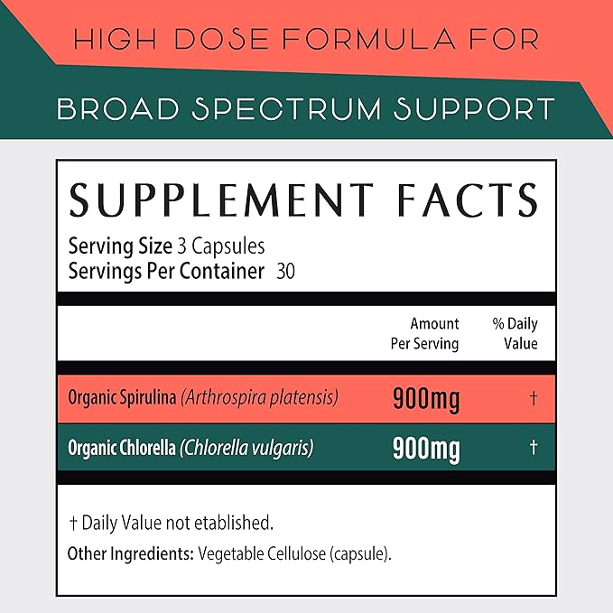 Organic Spirulina and Chlorella Capsules – Chlorophyll Pills & Blue Green Algae to Support Powerful Detox, Energy & A Healthy Immune System– 3X More Chlorella Spirulina Powder/Serving – 90 Ct
