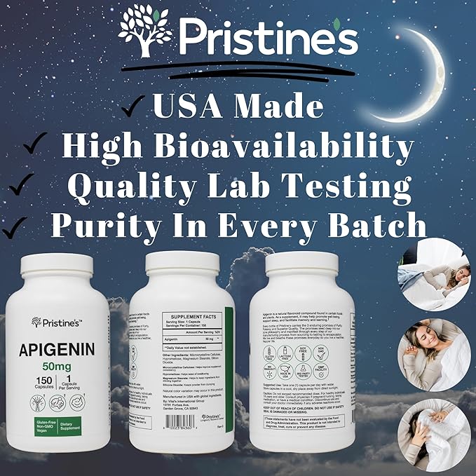 PRISTINE'S Apigenin Supplement for Sleep Capsules - 50mg 150 Day Supply - Prostate & Sleep Support Found in Chamomile Powder for Relaxation, Healthy Aging, Brain & Heart Health, & Immunity