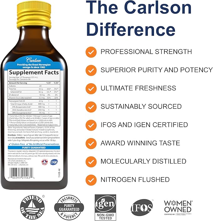 Carlson - Kid's The Very Finest Fish Oil Liquid, 800 mg Omega-3s, Norwegian, Wild-Caught Fish Oil, Omega 3 Liquid for Kids, Sustainably Sourced, Lemon, 200 ml