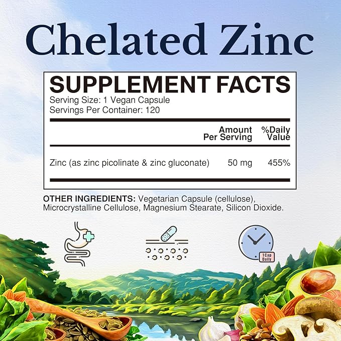 Vitalitown Zinc 50 mg, Zinc Picolinate, Zinc Gluconate, 120 Veggie Capsules, No Zinc Oxide, Well-Absorbed, Chelated Zinc Supplement, Immune System, Healthy Skin & Development, Vegan, Non-GMO