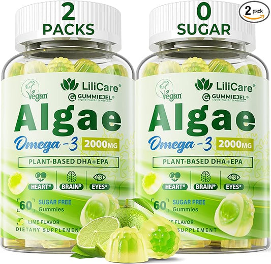 Vegan Omega 3 Supplement Gummies 1000mg for Women & Men, Omega 3 Fish Oil Alternative w/CoQ10, Astaxanthin, Vitamin A, E, D3 for Brain, Eye, Antioxidant -Algae DHA 640mg & EPA 290mg, Sugar Free 2Packs