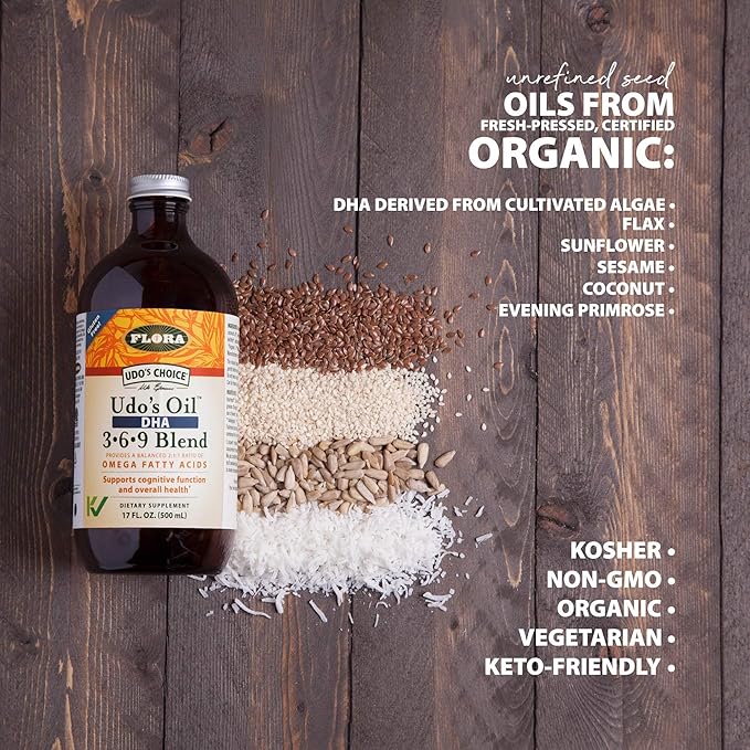 Flora - Udo's Oil DHA 3-6-9 Blend - Vegetarian Eye & Brain Health Supplement - Omega-3 & Omega-6 - Contains Sunflower & Flax Seed Oil - Kosher & Organic - Keep Chilled - 17 fl. oz.