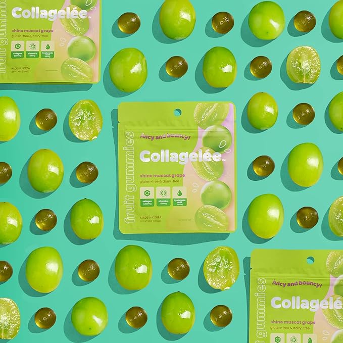 Collagelee Collagen Gummies - Marine Collagen Supplements with Vitamin C, Hyaluronic Acid, & Biotin for Moisturized, Youthful, Plump Skin - Korean Skincare (Shine Muscat Grape)