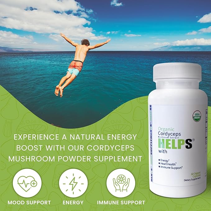 Organic Cordyceps Mushroom Capsules Supplement - 1000mg Cordyceps Militaris Extract - 100% Natural, Real & Pure - Beta-Glucan - Herbal Support for Energy-Boosting & Immune Health - 60 Capsules