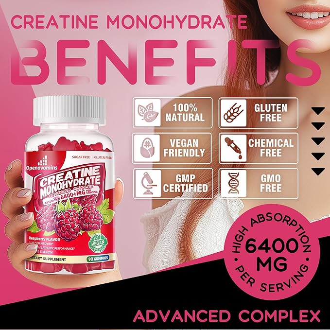 Creatine Monohydrate Gummies Complex 6400mg for Men & Women -Advanced Formula W/L-Taurine + Vitamin B12, Sugar Free Chewable Supplement,90 Raspberry Gummies