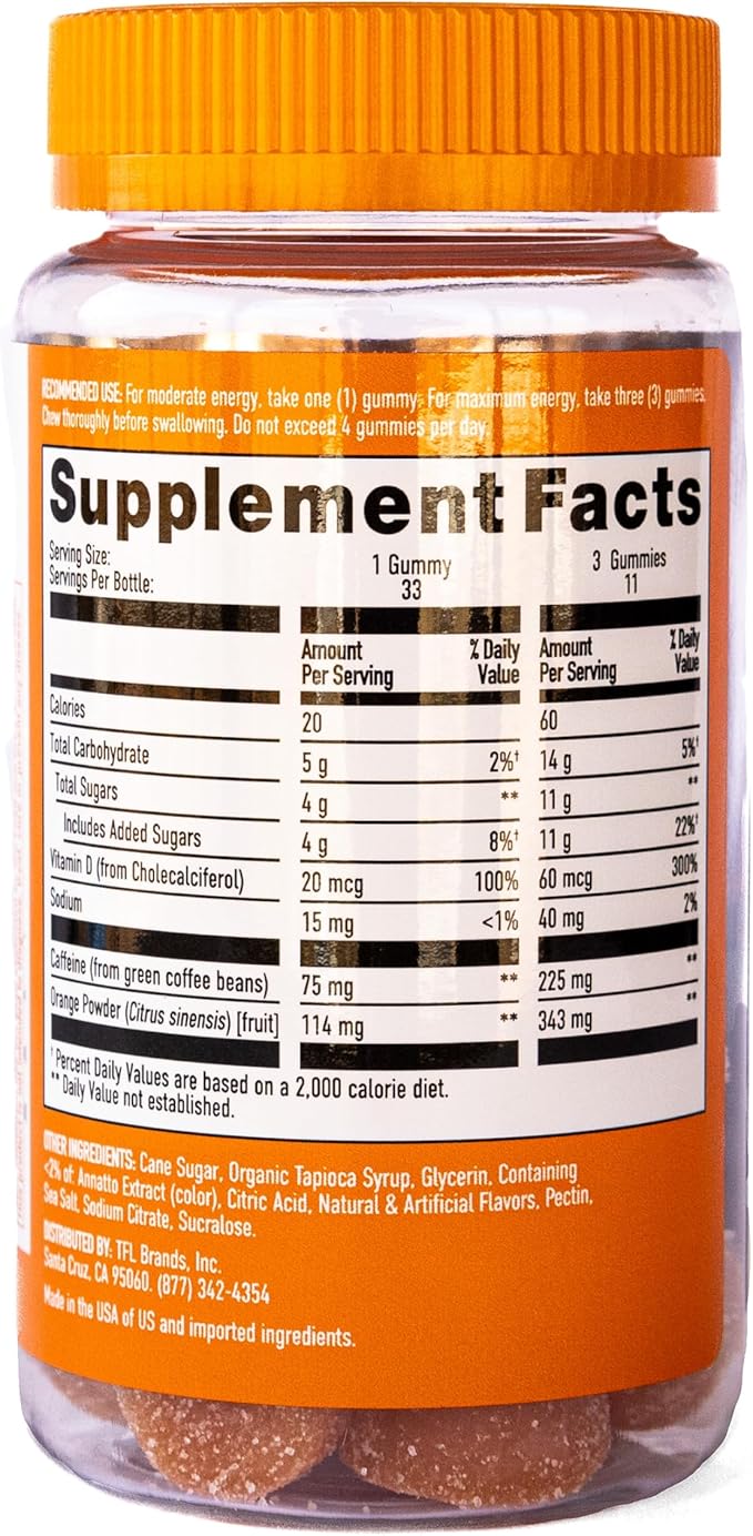 Energy Gummies, 2475mg of Plant-Based Caffeine Chews per Bottle, Long Lasting Energy Boosters, Valencia Orange (33ct)