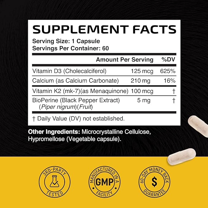 Vitamin D3 K2 5000 IU for Immune System, Strong Bones & Teeth Support | Vit D3 125mcg, Vitamin K2 MK7 100mcg, Calcium 210mg & BioPerine | 3rd-Party Tested, Non-GMO | 60 Capsules (2 Month Supply)