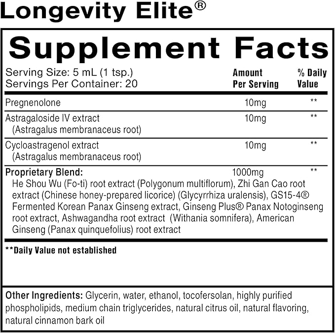 Quicksilver Scientific Longevity Elite - Liposomal Adaptogen + Pregnenolone Tonic - Herbal Supplements Designed for Age Optimization Support While Targeting AMPK, Sirtuins + Telomeres (100ml)