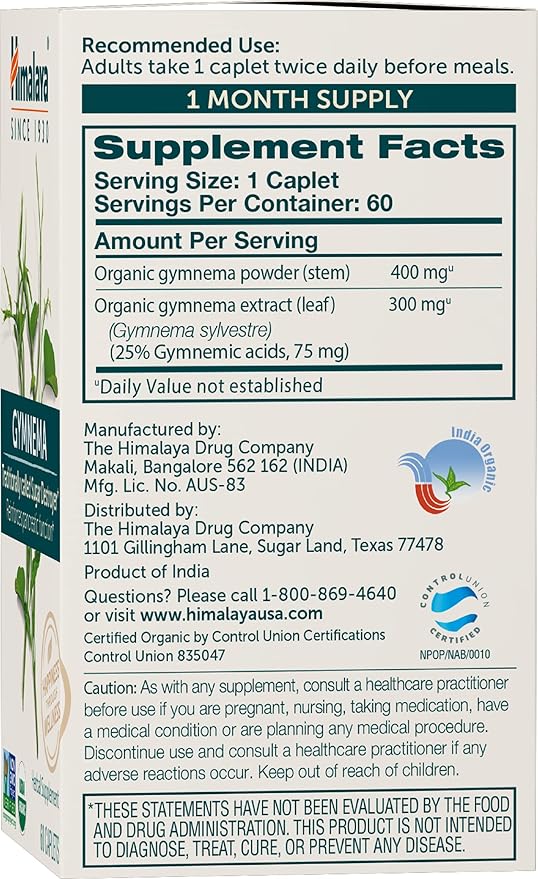 Himalaya Organic Gymnema Sylvestre Herbal Supplement USDA Certified Organic, Non-GMO, 700 mg, 60 Plant-Based Caplets