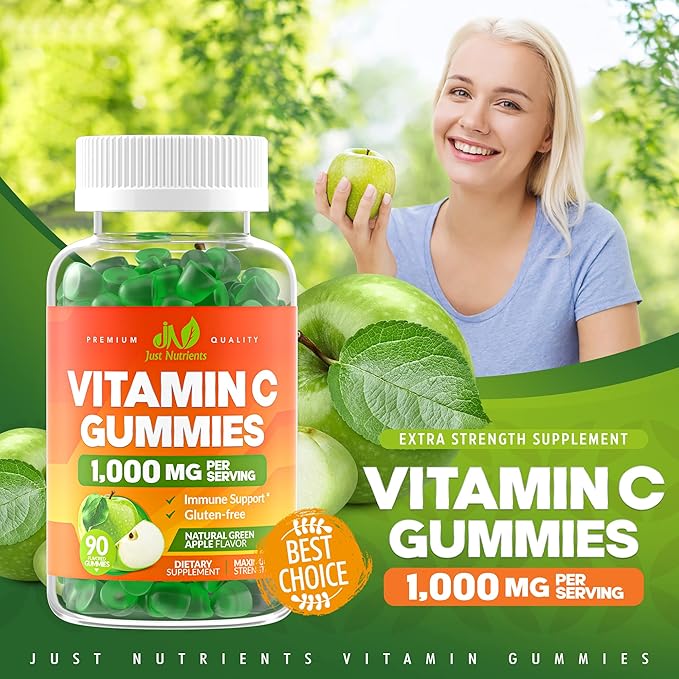 Vitamin C Gummies 1000mg for Adults & Kids - Maximum Strength Chewable Immune Support, Collagen Support - Sour Green Apple Flavor - Gluten Free, Non-GMO, Vegetarian - 90 Gummies (30 Servings)