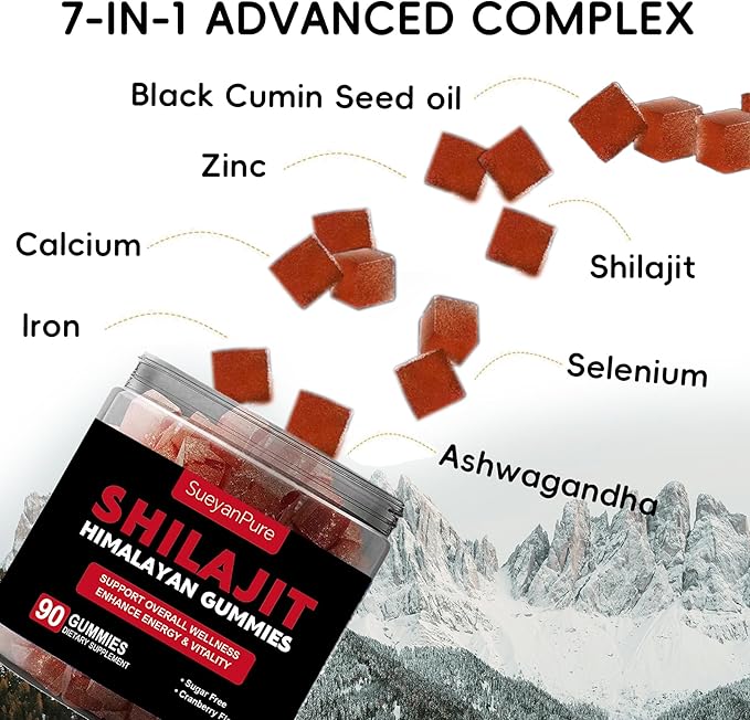 Pure Himalayan Shilajit Gummies IAshwagnadha, Black Seed Oil I Fulvic Acid & 85+ Trace Minerals I No Added Sugar I Improve Congitive & Mood, Immunity and Energy for Men,Women I 90 Gummy