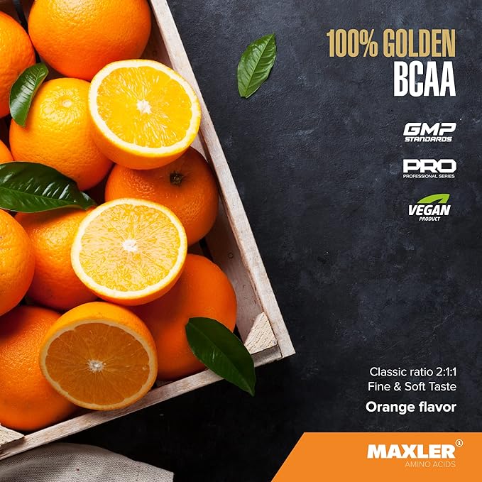 Maxler 100% Golden BCAA Powder - Intra & Post Workout Recovery Drink for Accelerated Muscle Recovery & Lean Muscle Growth - 6 g Vegan BCAAs Amino Acids - 60 Servings - Orange