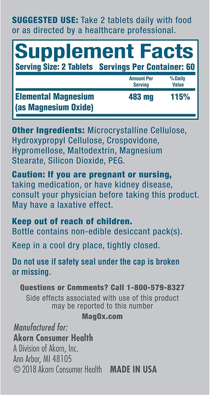 Mag-Ox 400 Magnesium Mineral Dietary Supplement Tablets, 483 mg Magnesium Oxide, Pharmaceutical Grade, 120 Count, (Pack of 2)