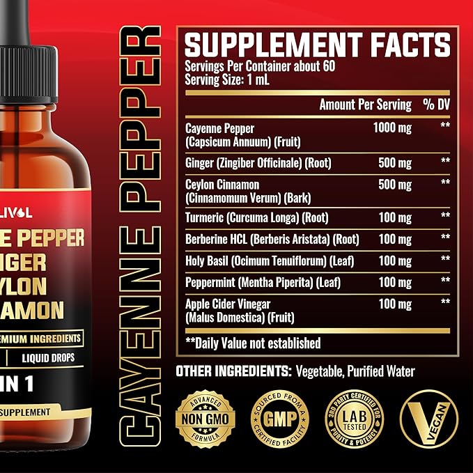8in1 Cayenne Pepper Liquid Drops with Ginger, Ceylon Cinnamon and 5 More Herbals - Digestion, Circulatory Heath Support - 2 Fl Oz for 2 Months