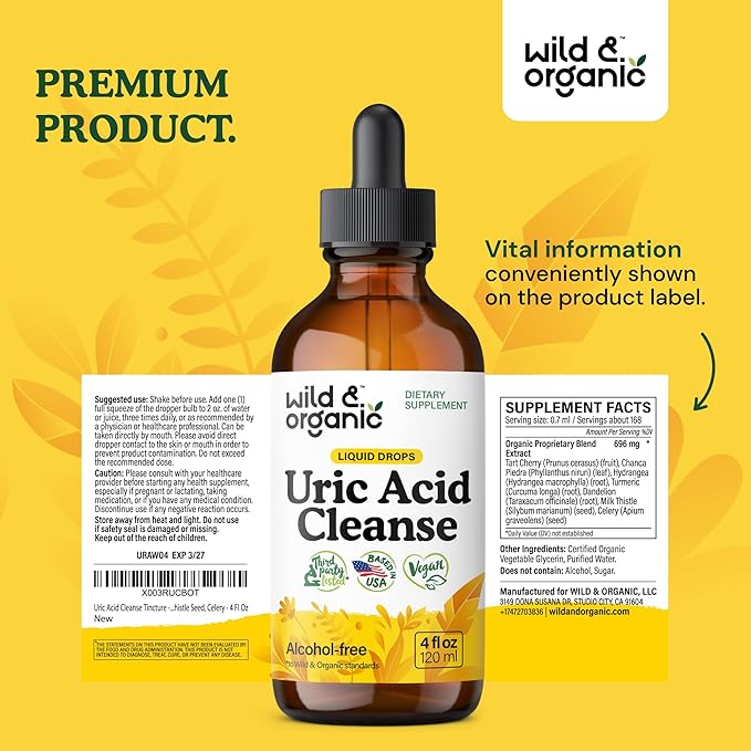 Wild & Organic Uric Acid Cleanse Liquid Drops - Tart Cherry, Turmeric, Celery, Chanca Piedra, Dandelion Root Extract Complex - Uric Acid Supplement - Vegan, Sugar & Alcohol-Free Tincture - 4 fl oz