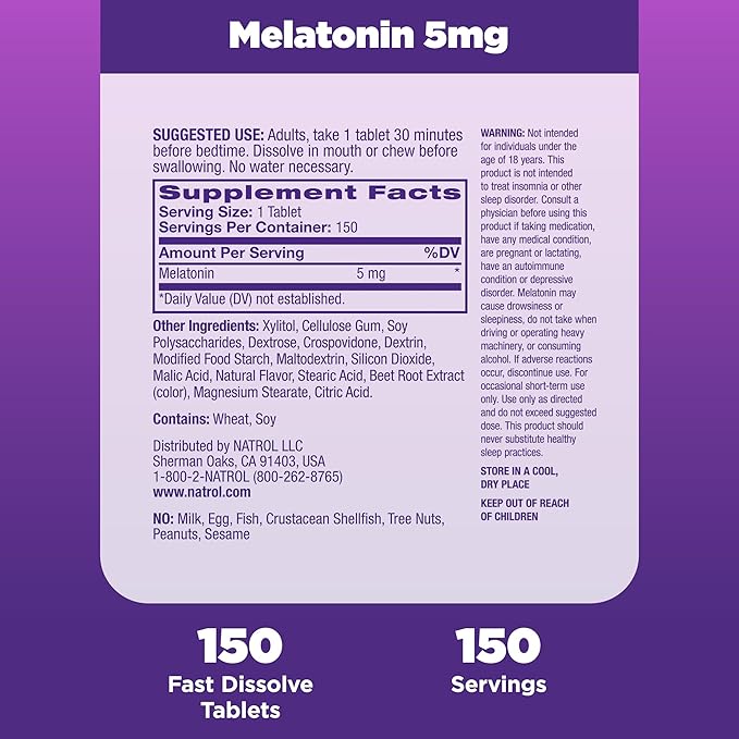 Natrol Fast Dissolve Melatonin 5 mg, Melatonin Supplements for Restful Sleep, Sleep Support for Adults, 150 Strawberry-Flavored Tablets, Up to a 150 Day Supply