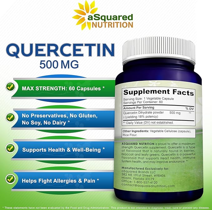 aSquared Nutrition Quercetin 500mg Supplement - 60 Capsules - Quercitin Dihydrate Powder Complex Pills to Support Immune Response & Cardiovascular Health - Pure & Max Strength