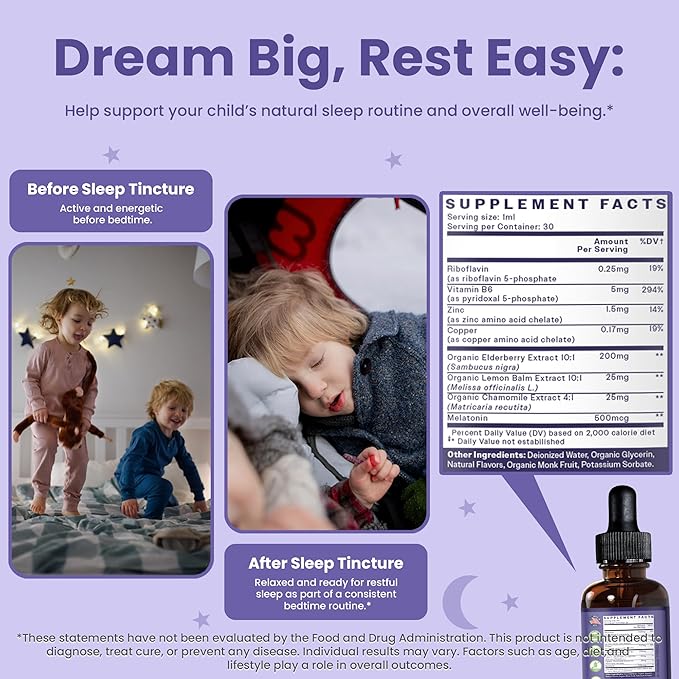 TruHeight Kids Sleep Tincture Ages 2+ (Watermelon Flavor) - Babies, Toddlers & Kids Natural Sleep Aid - Baby, Toddler, Child Melatonin 2 Year Old+ - Vitamin B6, Riboflavin, Zinc, Copper, Lemon Balm