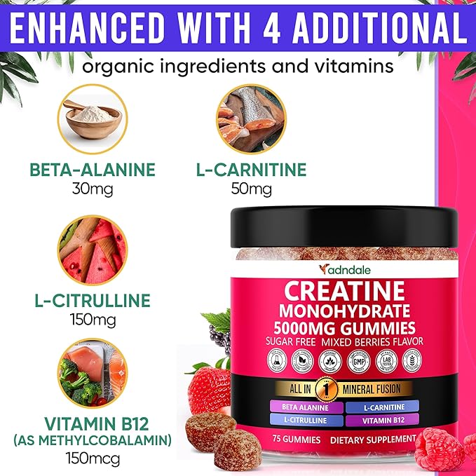 Creatine Monohydrate Gummies for Men & Women – 5000mg per Serving Creatine Supplement with Beta-Alanine, L-Citrulline & B12 – Supports Strength, Energy, and Recovery – 75 Vegan Gummies. Sugar-Free