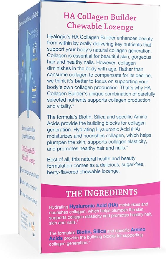 Hyalogic Hair Skin & Nails Hyaluronic Acid Collagen Builder – Delicious Berry Flavored Collagen Boost Chewable Lozenges – Sugar Free Vegan Collagen Ideal to Enhance Your Natural Beauty – 30 Count