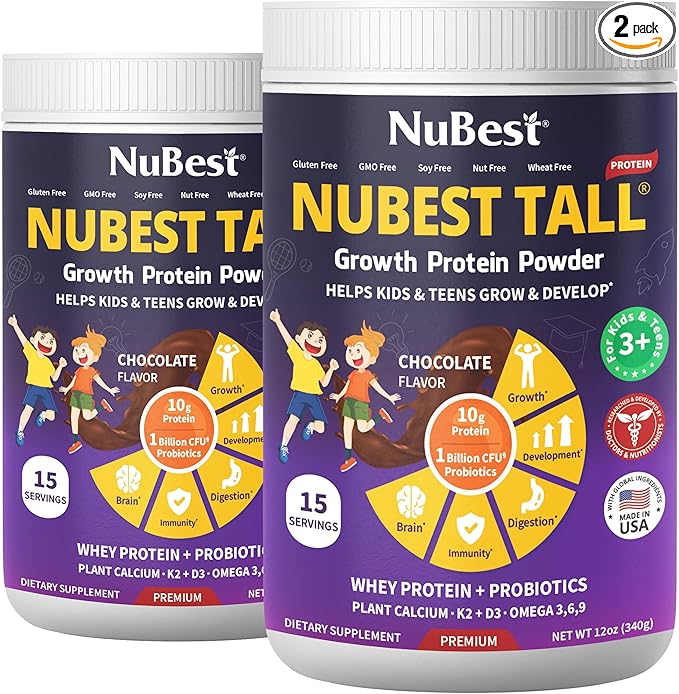NuBest Tall Protein Powder for Kids & Teens - Chocolate Protein Powder with Red Algae Calcium, Probiotics, Omega 3-6-9, Vitamin D3 K2 & Magnesium from Marine Algae - Bone Strength & Immunity - Pack 2