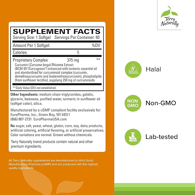 Terry Naturally CuraMed 375mg - Antioxidant Supplement for Brain & Immune Health Support - Dietary Supplement with Curcumin & Turmeric Essential Oil - Herbal Liver Support - 60 Softgels